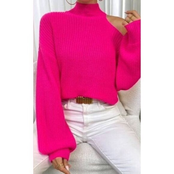 Vibrant Hot Pink Cut Out Shoulder Sweater - Picture 3 of 5